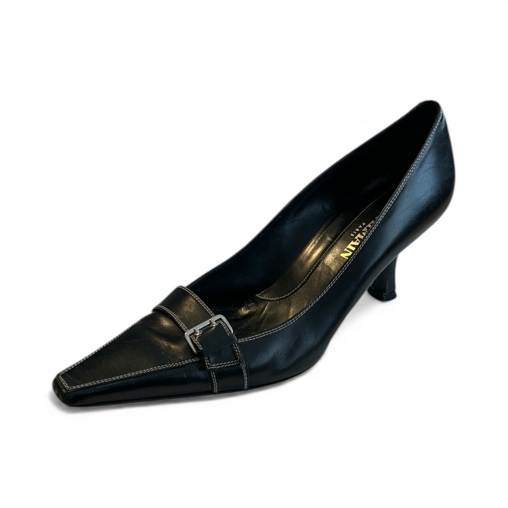 Balmain Paris Black Leather Buckle Accent Pointed Toe Minimalist Pumps EU 39